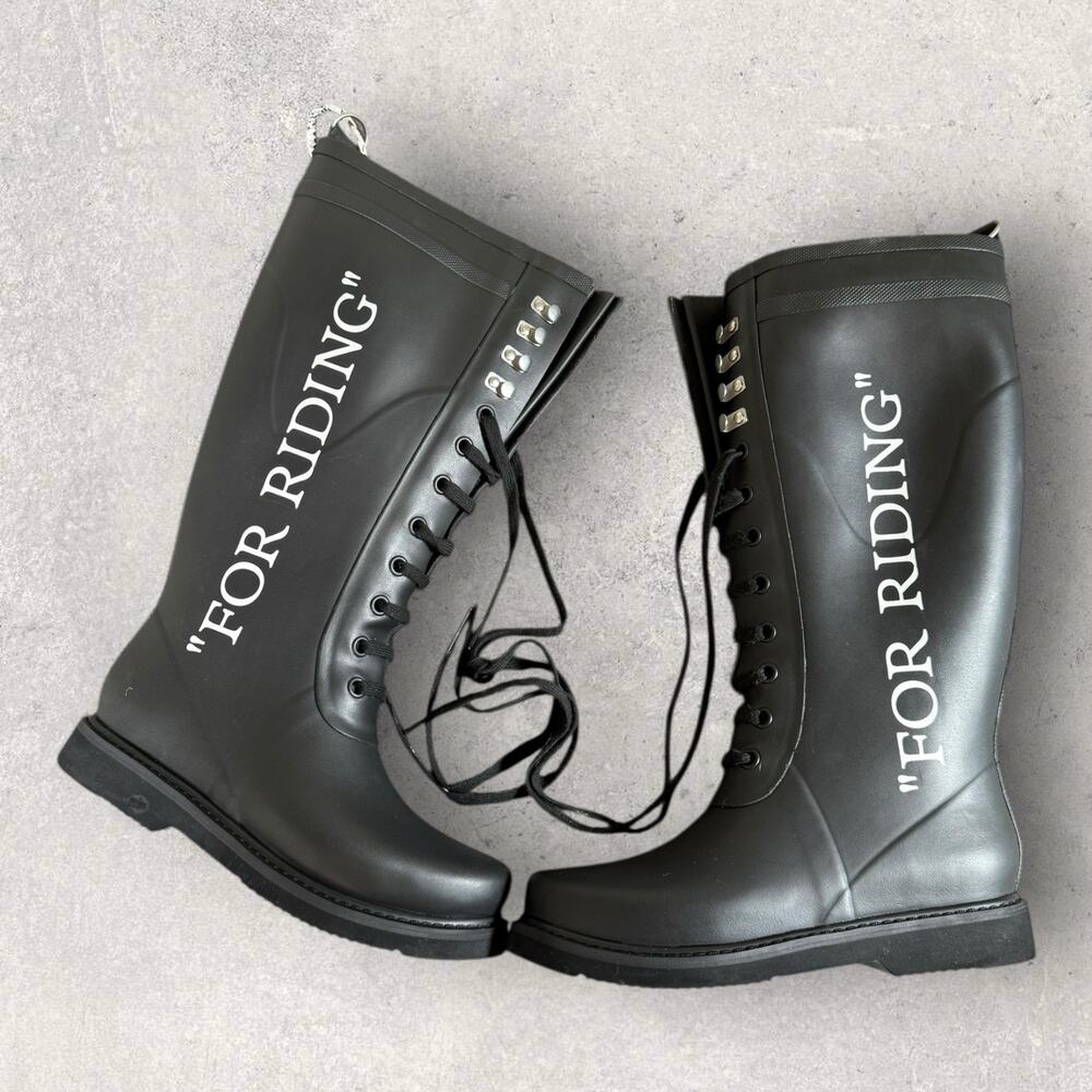 Off-White For Riding Women's Lace Up Knee High Rain Boots Black White EU 40